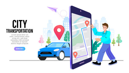 Man using online app for taxi order. rent and sharing using service mobile application. Man searching cab on city map. Vector illustration. © 365 days studio