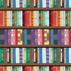 Wooden bookcase full of different books. Seamless pattern. Education library and bookstore concept. 