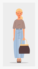 attractive businesswoman holding handbag female cartoon character standing pose full length vertical