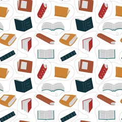 Seamless pattern with different colorful books on white background. Back to school, literacy, library, reading, education, teaching, learning concept. 