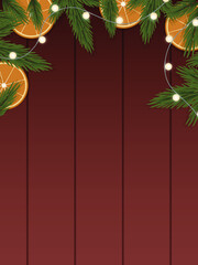 Frame made of spruce branches, oranges and garlands on a wooden background. Vector illustration.