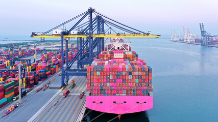 Modern Logistics,transportation of Container Cargo ship,Cargo plane,working crane bridge in...