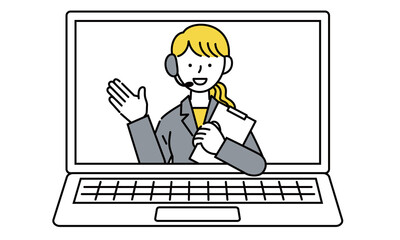 PCでサポートや問い合わせ対応するオペレーターの女性のイラスト