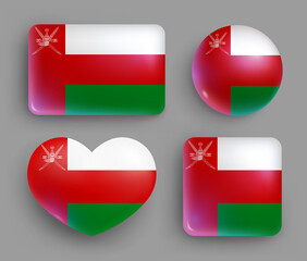Set of glossy buttons with Oman country flag. Western Asia country national flag, shiny geometric shape badges. Oman symbols in patriotic colors realistic vector illustration