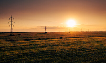 Obraz premium Electricity industry. Aerial view of a national electrical power cable line scaffolding during a summer sunrise in the middle of a wheat agriculture field.