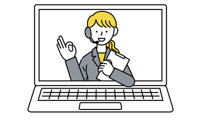 PCでサポートや問い合わせ対応するオペレーターの女性のイラスト