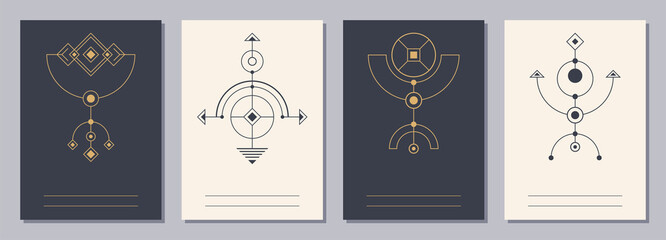 Set of flyers, posters, placards, brochure design templates A6 size with geometric icons. Symbols of magic, alchemy, spirituality, occultism. Vertical blanks with sacral geometric signs.