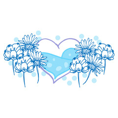 beautiful flowers with heart and water isolated on white background. blue color, monochrome concept. hand drawn vectot. doodle art for wallpaper, poster, banner, postcard,greeting and invitation card