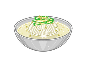 Kong-guksu or noodles in cold soybean soup is a seasonal Korean noodle dish served in a cold soy milk broth. Vector illustration.