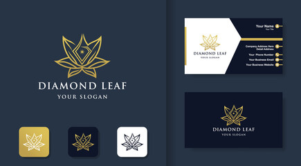 Fototapeta na wymiar diamond leaf logo with line style and business card