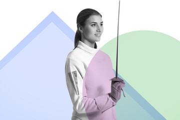 Toned portrait of female fencer on white background