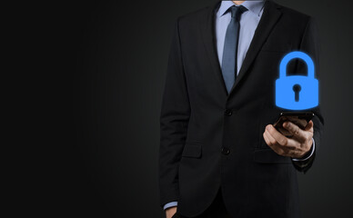 Cyber security network. Padlock icon and internet technology networking. Businessman protecting...
