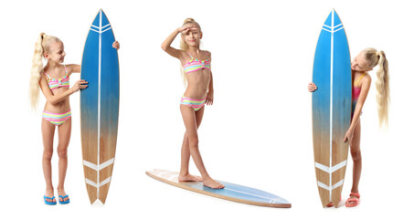 Cute little girl with surfboard on white background