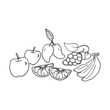 set of fresh fruit icon isolated on white background. hand drawn vector. exotic fruit, apple, mango, grape, banana and orange illustration. sketch of fruit. doodle art for coloring, wallpaper, poster © siarifzen