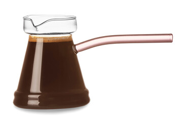Pot with delicious turkish coffee on white background