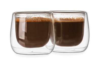 Cups with delicious turkish coffee on white background
