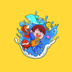 happy boy with a lot of sea animals vector icon illustrations. suitable for campaign save the ocean flat cartoon style