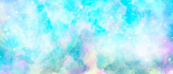 Unicorn galaxy pattern. Pastel cloud and sky with glitter. Cute bright paint like candy background theme. Concept to montage or present your product, for women, girls in princess style