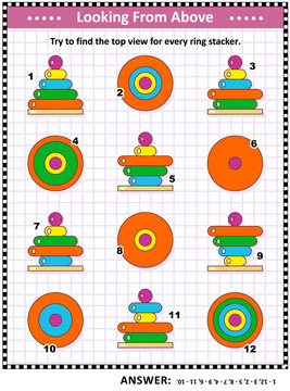 Math visual puzzle with colorful wooden ring stacking toys: Try to find the top view for each ring stacker. Answer included.
