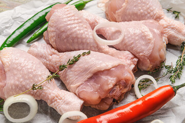 Raw chicken legs on parchment