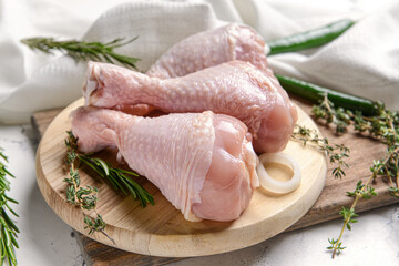 Board with raw chicken legs on light background