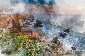 Digital watercolour painting of Beautiful landscape image during Spring golden hour on Cornwall coastline at Bedruthan Steps