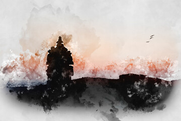 Digital watercolour painting of Beautiful silhouette landscape image of zen rock pile against vibrant peaceful sunset