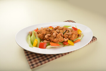 deep fried chicken cutlet chop with cashew nut and vegetables main course asian halal menu