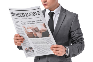 Young businessman reading newspaper on white background - obrazy, fototapety, plakaty