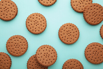 Chocolate chip cookie on blue background.Top view.