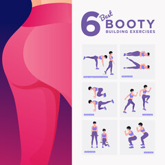 Buttocks fat burning workout Set. Women doing fitness and yoga exercises. Lunges, Pushups, Squats, Dumbbell rows, Burpees, Side planks, Situps, Glute bridge, Leg Raise, Russian Twist, Side Crunch .etc