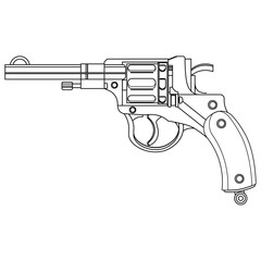 Vector vintage gun with drum coloring book . Illustration on a white isolated background.