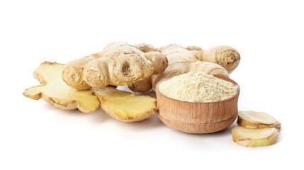 Composition with ginger powder on white background