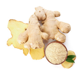 Composition with ginger powder on white background