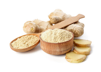 Composition with ginger powder on white background