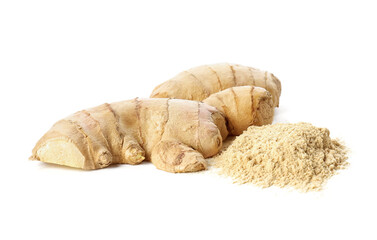 Fresh and ground ginger on white background