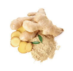 Fresh and ground ginger on white background