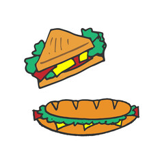 sandwich illustration on white background. french toast with lettuce, cheese and ham. hand drawn vector. delicious fast food. doodle art for logo, label, sticker, clipart, product, advertising, poster