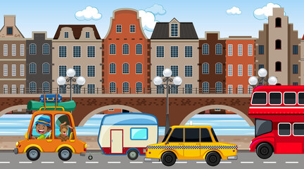 City background scene with many cars on the road