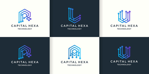hexagon letter r l u a logo with circuit concept