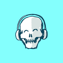 happy skull emoji with a headphone. doodle vector illustration of the gothic for graphic element, tattoo, sticker, etc.
