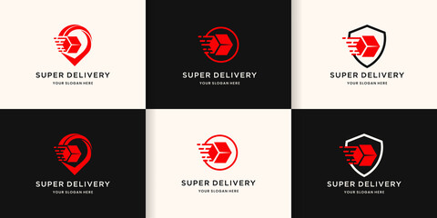 delivery logo,box in pin, circle, and shield