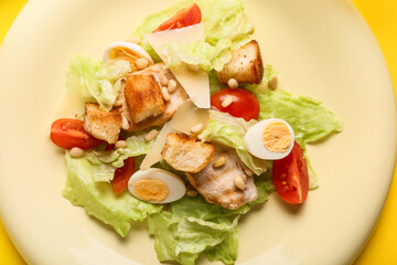 Plate with Caesar salad on color background, closeup