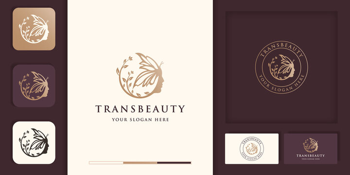 Beautiful woman face combines butterfly logo design, beauty transform