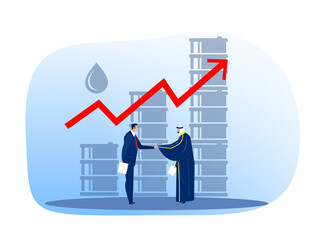 Arabic muslim oil businessman matching with european buyer, oil trade flat vector illustration