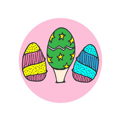 three easter eggs illustration with pink circle. colorful egg with stripes. hand drawn vector. cute decoration. doodle art for wallpaper, poster, banner, clipart, greeting and invitation card. 