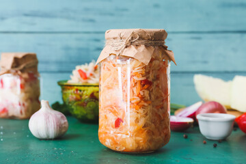 Glass jar with tasty sauerkraut and ingredients on color background