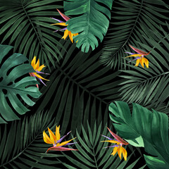 Illustration frame made of palm leaves, munster, banana tree with exotic flowers. You can use it for your own design.