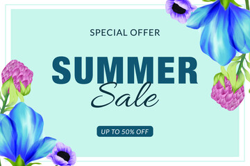 Colorful watercolor background with flowers. Style with a copy for text. The backdrop for greeting cards, sales, advertisements, invitations, posters, banners, and placards.