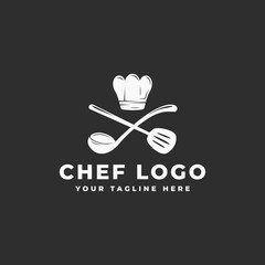 hat chef logo for restaurant symbol, cafe, food delivery, food stalls, with cooking element, spatula icon, hat, soup spoon, vector design template